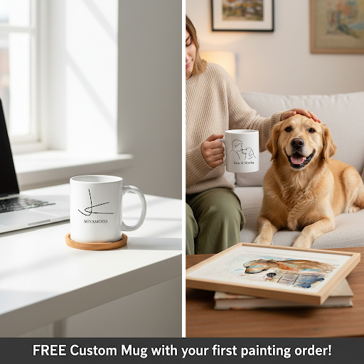 FREE Custom Mug + Watercolor Custom Dog Portrait Memorial - Original Hand-Painted Pet Loss Gift or Life Tribute - LIVE Video Provenance