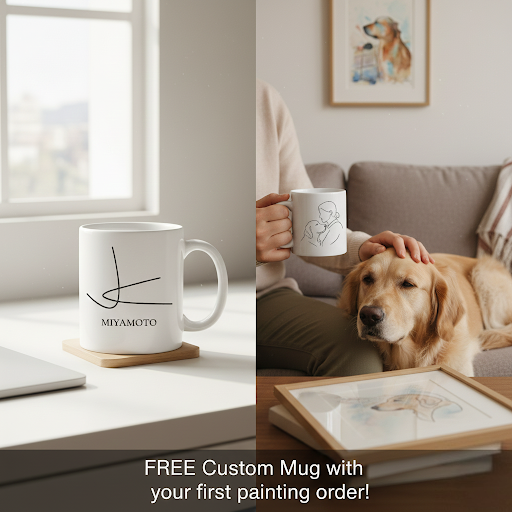 FREE Custom Mug + Watercolor Custom Dog Portrait Memorial - Original Hand-Painted Pet Loss Gift or Life Tribute - LIVE Video Provenance